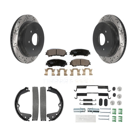 Rear Disc Drilled & Slotted Rotors Ceramic Pads Parking Brake Shoes And Hardware Kit For KDT-101808