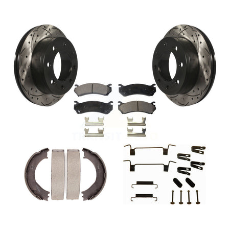 Rear Disc Drilled & Slotted Rotors Ceramic Pads Parking Shoes Hardware Kit For Chevrolet KDT-101810