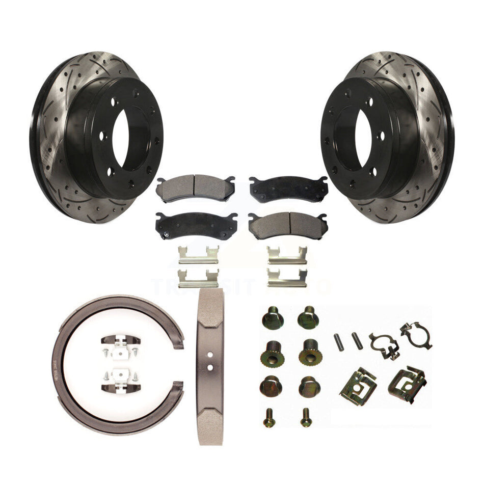 Rear Disc Drilled & Slotted Rotors Ceramic Pads Parking Shoes Hardware Kit For GMC Sierra KDT-101814