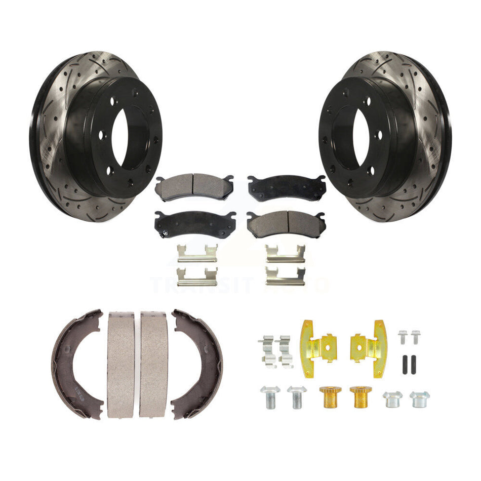 Rear Disc Drilled & Slotted Rotors Ceramic Pads Parking Shoes Hardware Kit For Chevrolet KDT-101816
