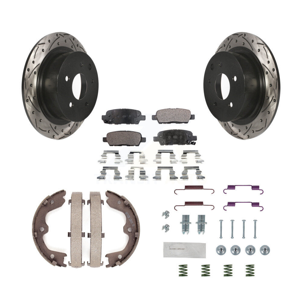 Rear Disc Drilled & Slotted Rotors Ceramic Pads Parking Shoes And Hardware Kit For Nissan KDT-101818