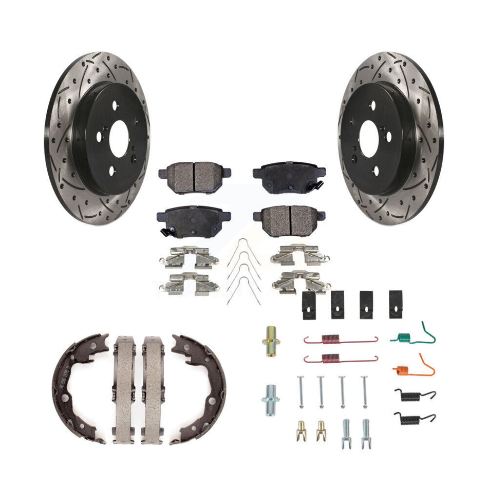 Rear Disc Drilled & Slotted Rotors Ceramic Pads Parking Shoes And Hardware Kit For Toyota KDT-101819