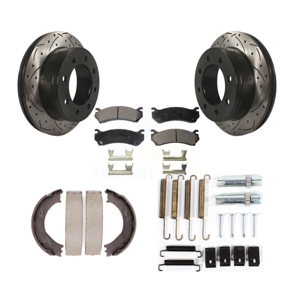 Rear Disc Drilled & Slotted Rotors Ceramic Pads Parking Shoes Hardware Kit For GMC Sierra KDT-101821