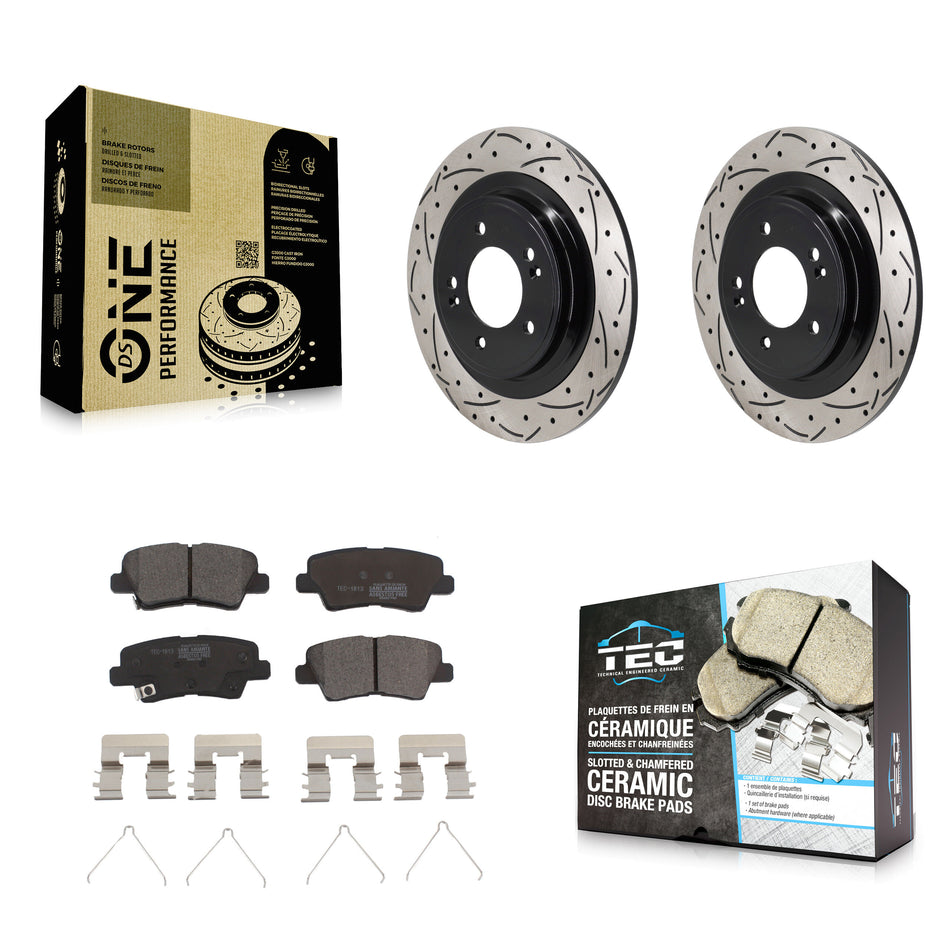 Rear Coated Drilled Slot Disc Brake Rotors Ceramic Pad Kit For 2024 Hyundai Kona Electric KDT-102042