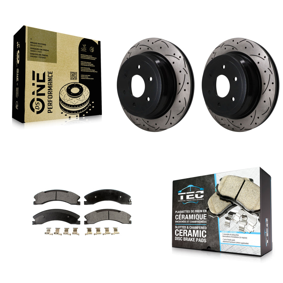 Rear Coated Drilled Slot Disc Brake Rotor & Ceramic Pad Kit For 2016-2024 Nissan TITAN XD KDT-102050