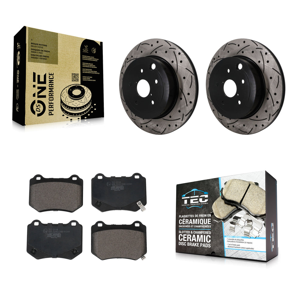 Rear Coated Drilled Slotted Disc Brake Rotor Ceramic Pad Kit For 2018-2021 Subaru WRX STI KDT-102088