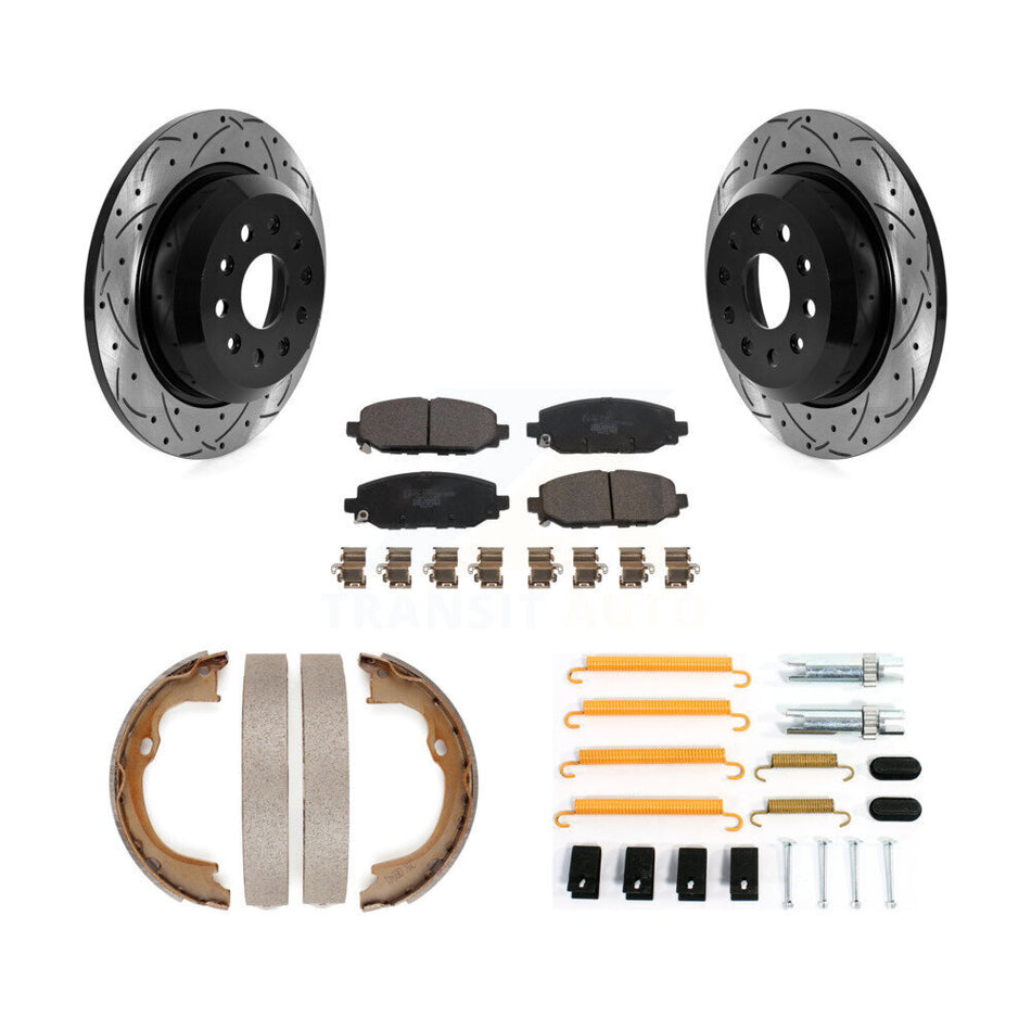 Rear Disc Drilled & Slotted Rotors Ceramic Pads Parking Brake Shoes And Hardware Kit For KDT-102103