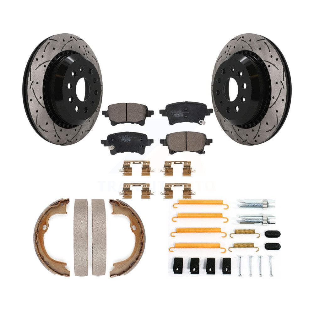 Rear Disc Drilled & Slotted Rotors Ceramic Pads Parking Brake Shoes And Hardware Kit For KDT-102105