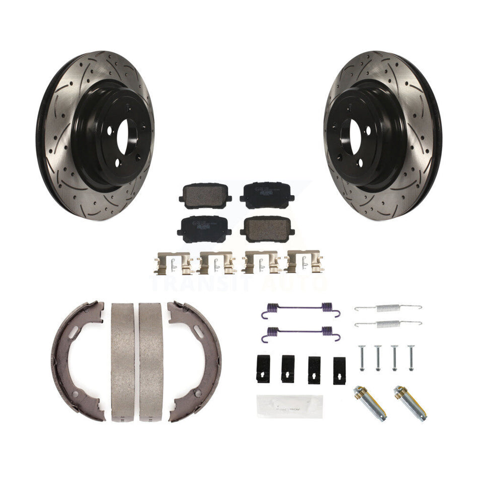 Rear Disc Drilled & Slotted Rotors Ceramic Pads Parking Brake Shoes And Hardware Kit For KDT-102109