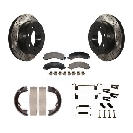 Rear Disc Drilled & Slotted Rotors Ceramic Pads Parking Shoes Hardware Kit For GMC Savana KDT-102110