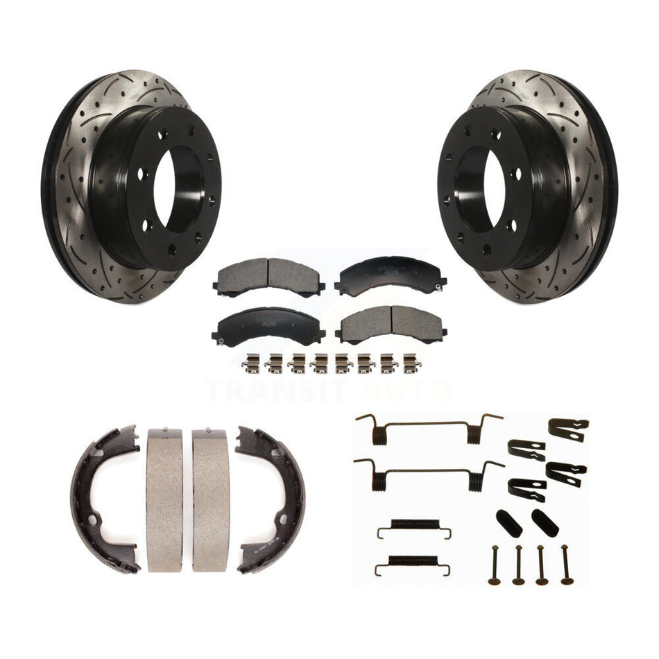Rear Disc Drilled & Slotted Rotors Ceramic Pads Parking Shoes Hardware Kit For GMC Savana KDT-102110