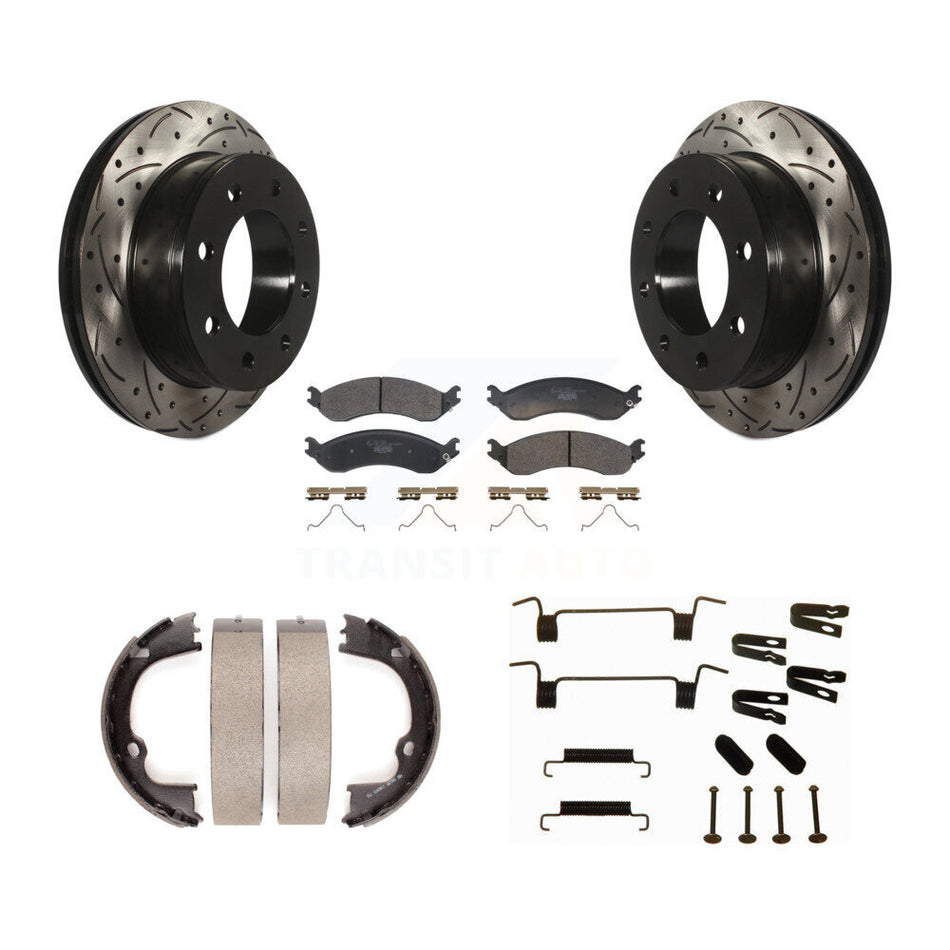Rear Disc Drilled & Slotted Rotors Ceramic Pads Parking Shoes Hardware Kit For GMC Savana KDT-102111