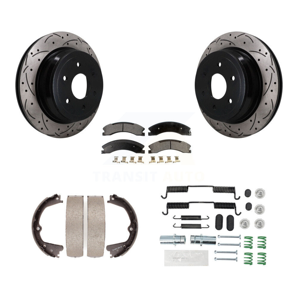 Rear Disc Drilled & Slotted Rotors Ceramic Pads Parking Brake Shoes And Hardware Kit For KDT-102113