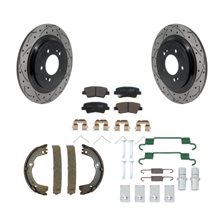 Rear Disc Drilled & Slotted Rotors Ceramic Pads Parking Brake Shoes And Hardware Kit For KDT-102115