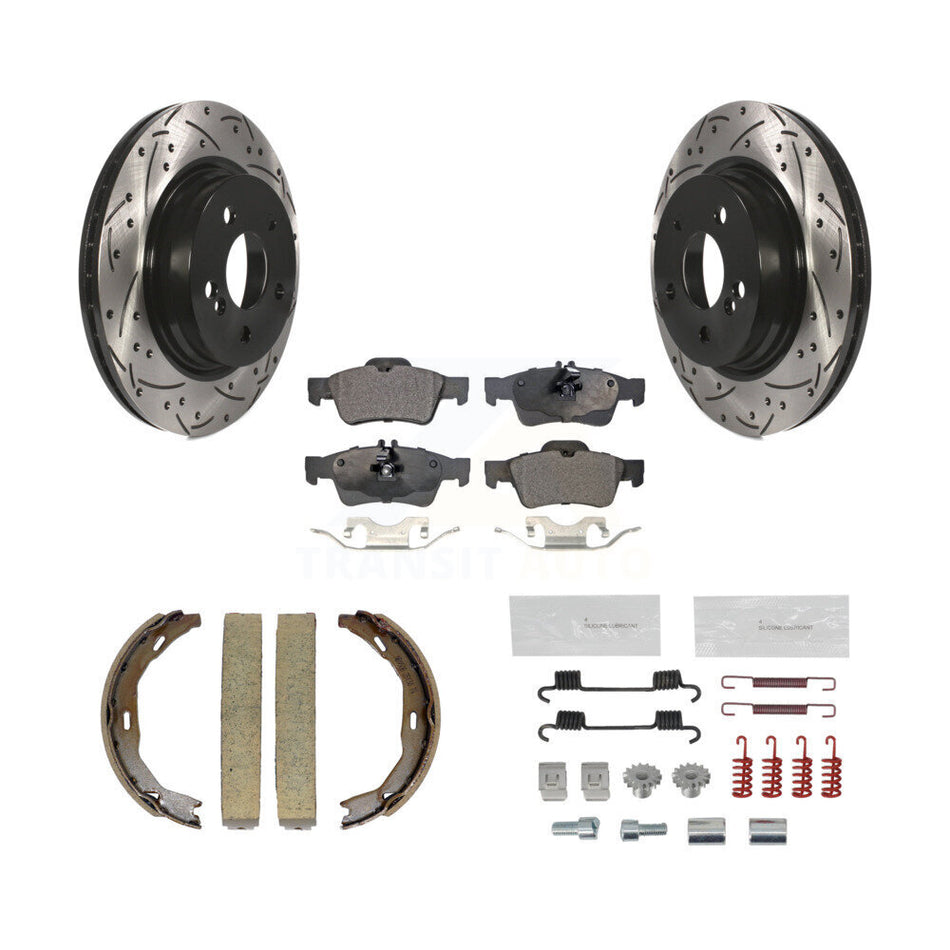 Rear Disc Drilled & Slotted Rotors Ceramic Pads Parking Brake Shoes And Hardware Kit For KDT-102117