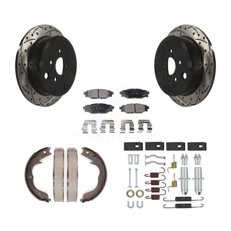 Rear Disc Drilled & Slotted Rotors Ceramic Pads Parking Brake Shoes And Hardware Kit For KDT-102119