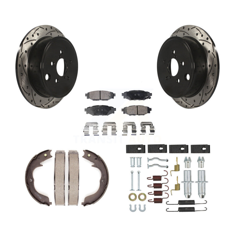 Rear Disc Drilled & Slotted Rotors Ceramic Pads Parking Brake Shoes And Hardware Kit For KDT-102119