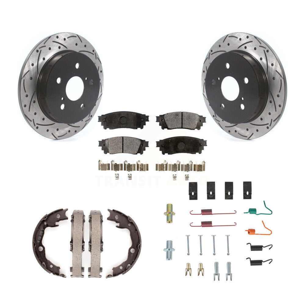 Rear Disc Drilled & Slotted Rotors Ceramic Pads Parking Brake Shoes And Hardware Kit For KDT-102121