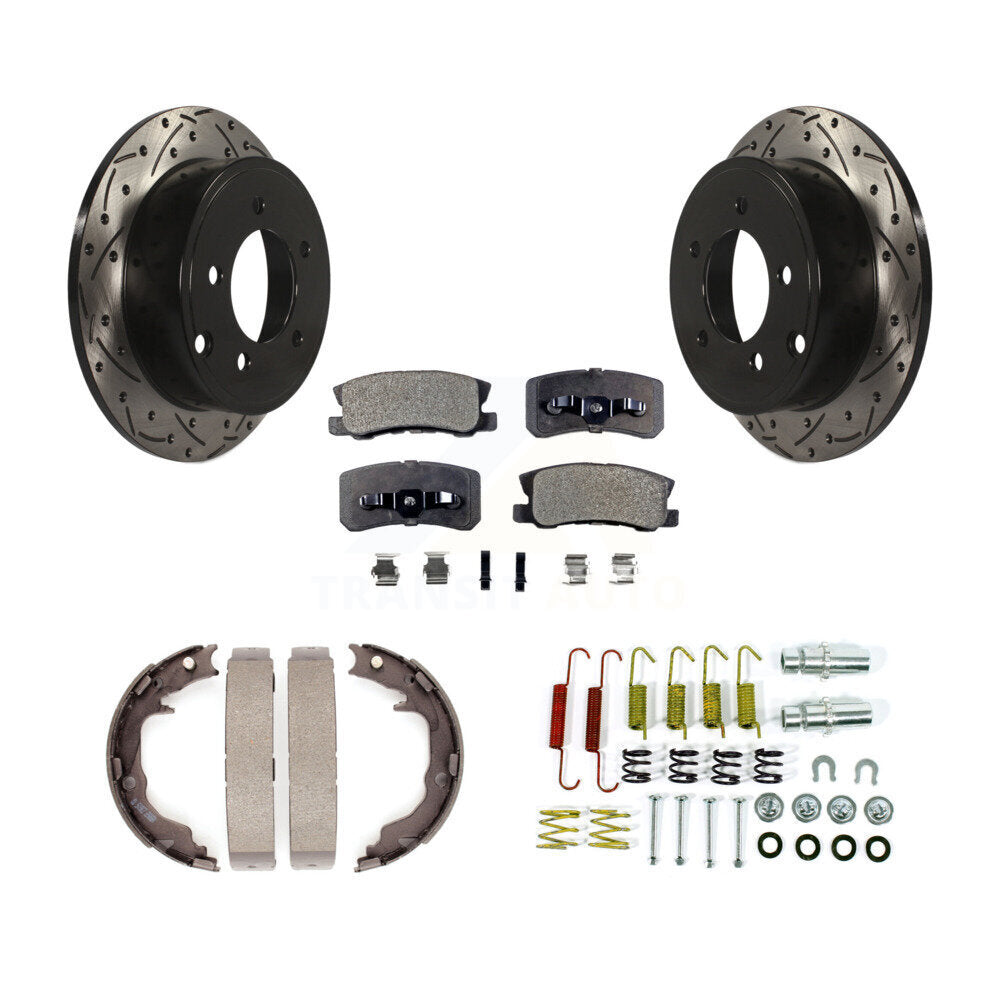 Rear Disc Drilled & Slotted Rotors Ceramic Pads Parking Brake Shoes Hardware Kit For Jeep KDT-102122