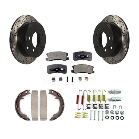 Rear Disc Drilled & Slotted Rotors Ceramic Pads Parking Brake Shoes Hardware Kit For Jeep KDT-102122