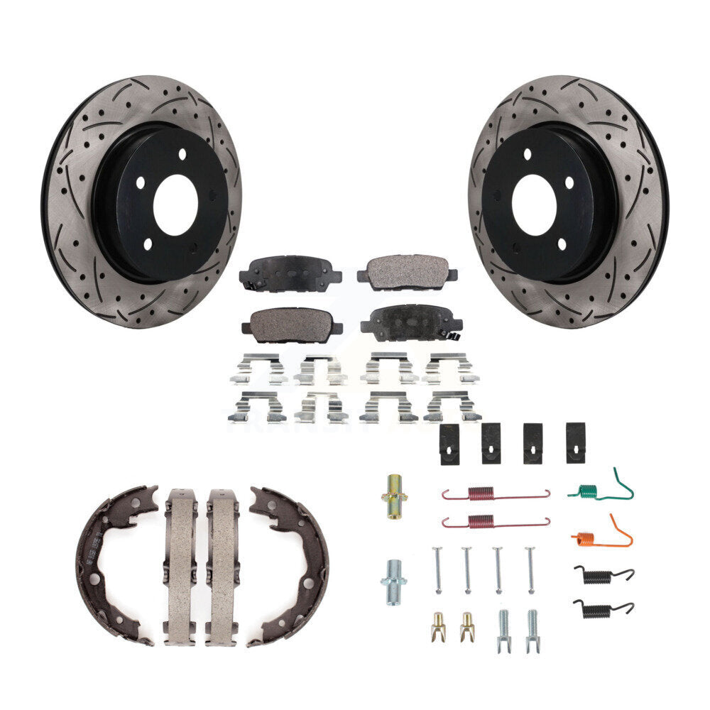 Rear Disc Drilled & Slotted Rotors Ceramic Pads Parking Brake Shoes And Hardware Kit For KDT-102126