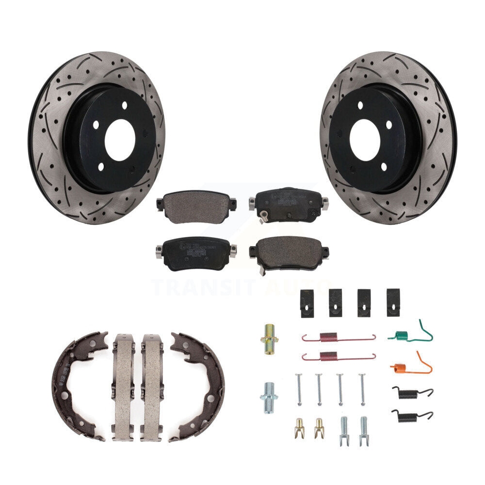 Rear Disc Drilled & Slotted Rotors Ceramic Pads Parking Brake Shoes And Hardware Kit For KDT-102127