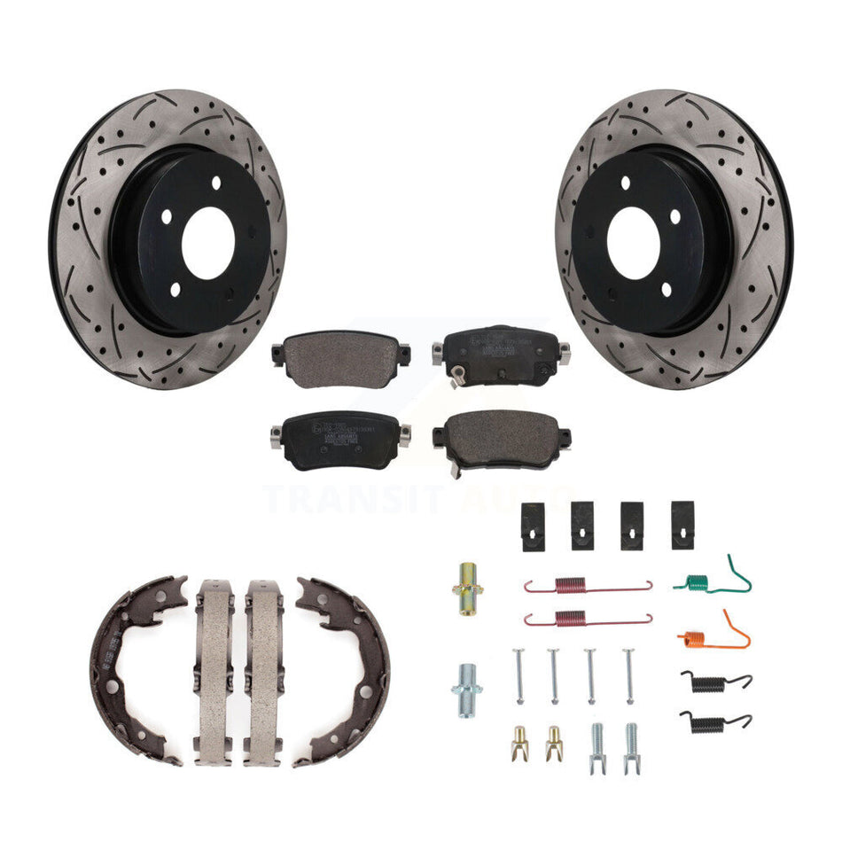 Rear Disc Drilled & Slotted Rotors Ceramic Pads Parking Brake Shoes And Hardware Kit For KDT-102127