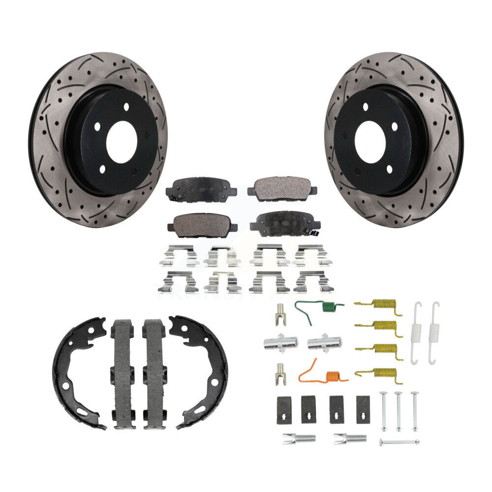 Rear Disc Drilled & Slotted Rotors Ceramic Pads Parking Brake Shoes And Hardware Kit For KDT-102128