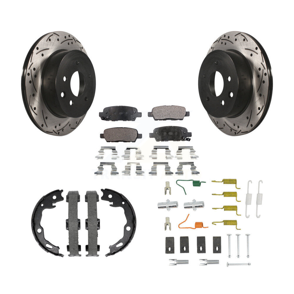 Rear Disc Drilled & Slotted Rotors Ceramic Pads Parking Brake Shoes And Hardware Kit For KDT-102129