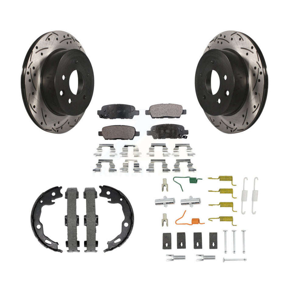 Rear Disc Drilled & Slotted Rotors Ceramic Pads Parking Brake Shoes And Hardware Kit For KDT-102129