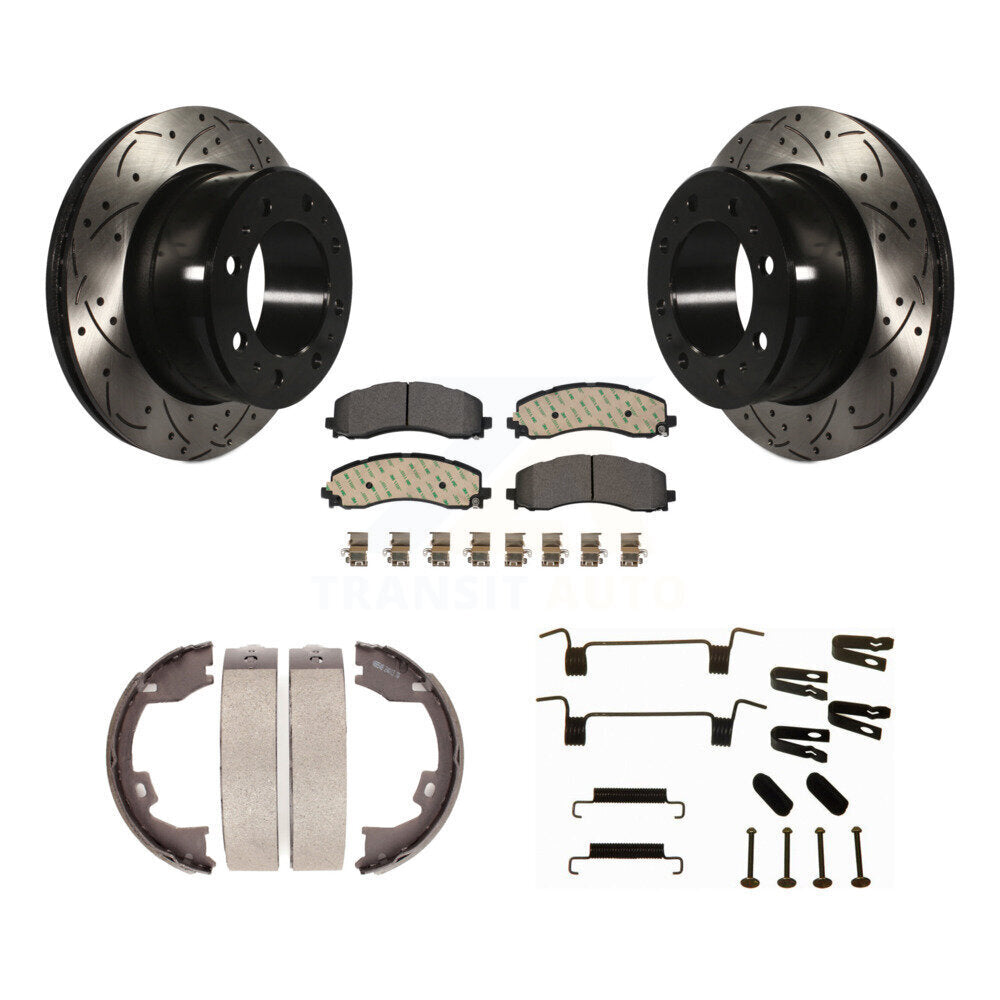 Rear Disc Drilled & Slotted Rotors Ceramic Pads Parking Shoes Hardware Kit For Ram 2500 KDT-102130