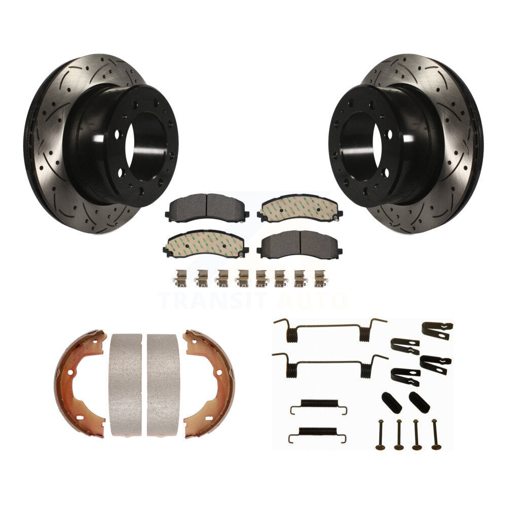 Rear Disc Drilled & Slotted Rotors Ceramic Pads Parking Shoes Hardware Kit For Ram 3500 KDT-102132