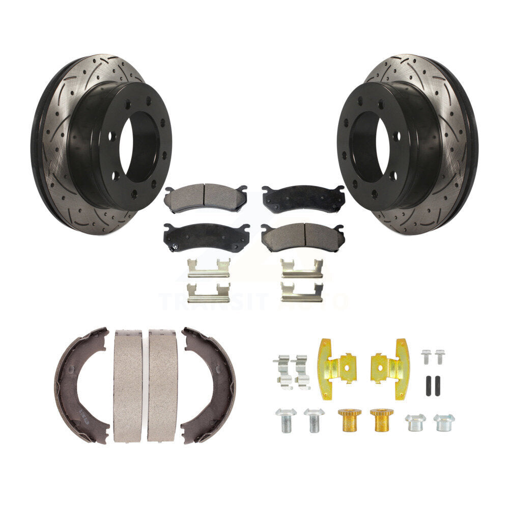 Rear Disc Drilled & Slotted Rotors Ceramic Pads Parking Shoes Hardware Kit For Chevrolet KDT-102133