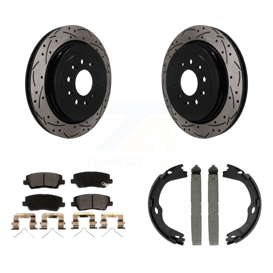 Rear Disc Drilled & Slotted Rotors Ceramic Pads Parking Brake Shoes Kit For Cadillac ATS KDT-102137