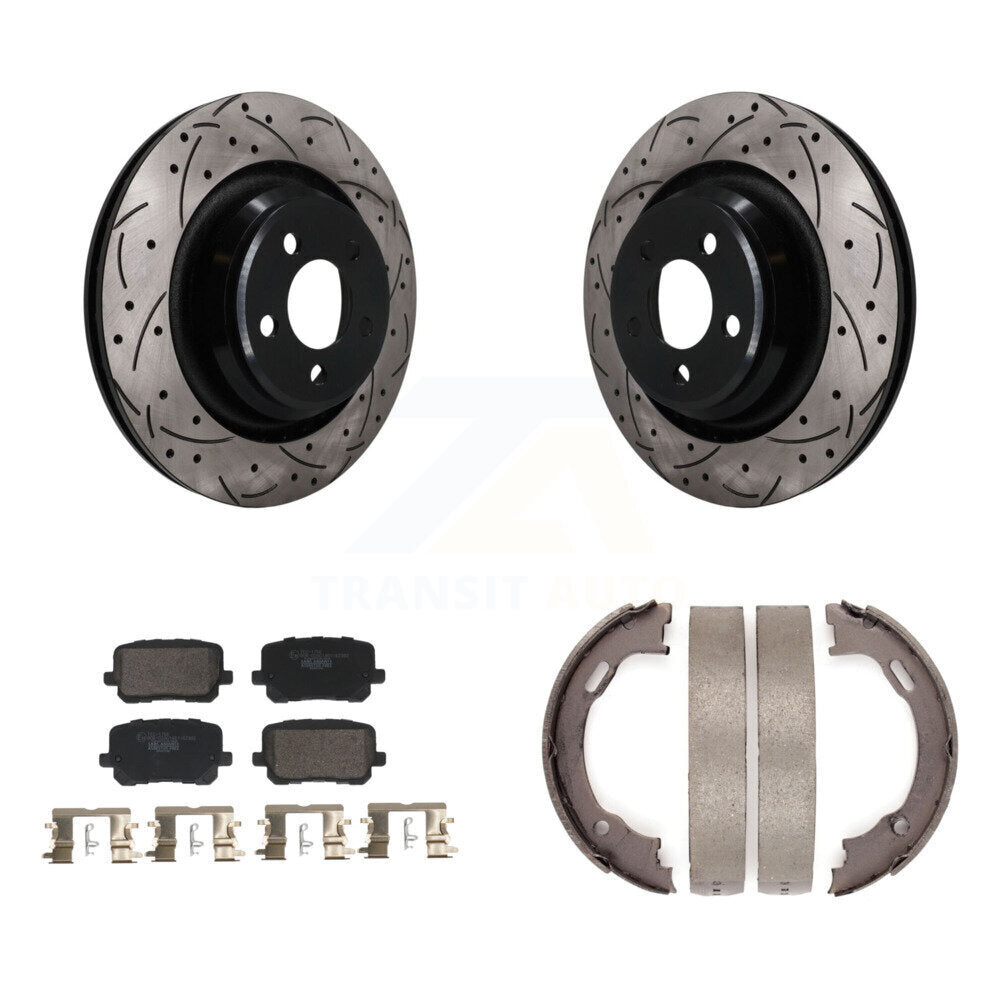 Rear Disc Drilled & Slotted Rotors Ceramic Pads Parking Brake Shoes Kit For Dodge Charger KDT-102139