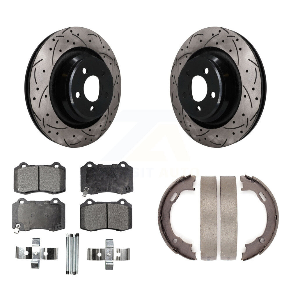 Rear Disc Drilled & Slotted Rotors Ceramic Pads Parking Shoes Kit For Dodge Charger 300 KDT-102140