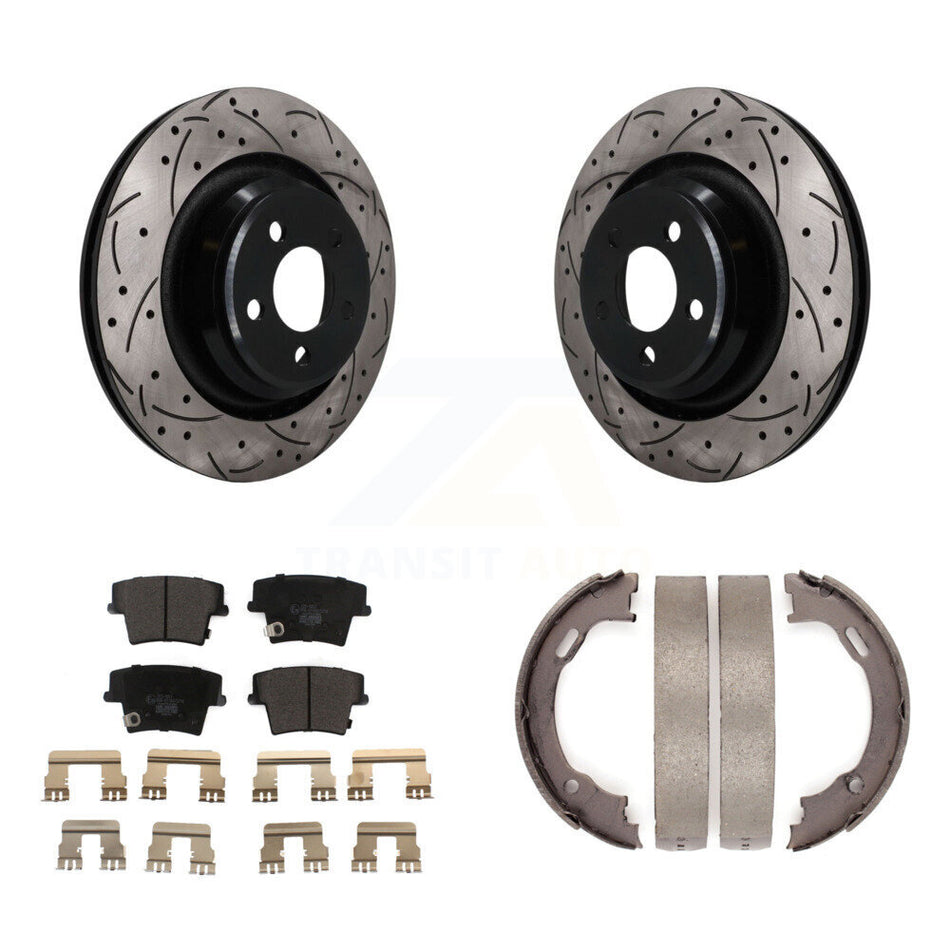Rear Disc Drilled & Slotted Rotors Ceramic Pads Parking Brake Shoes Kit For Dodge Charger KDT-102141