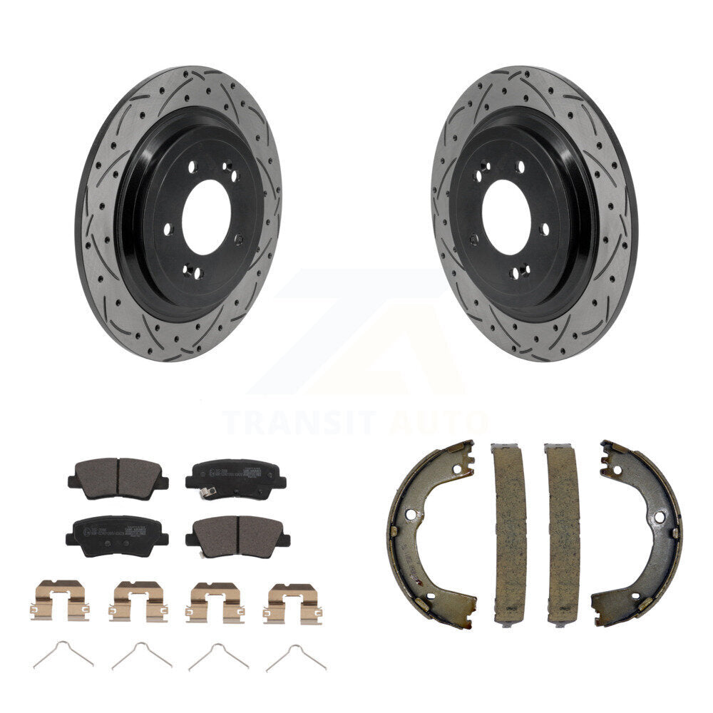 Rear Disc Drilled & Slotted Rotors Ceramic Pads Parking Shoes Kit For Kia Sportage Tucson KDT-102142