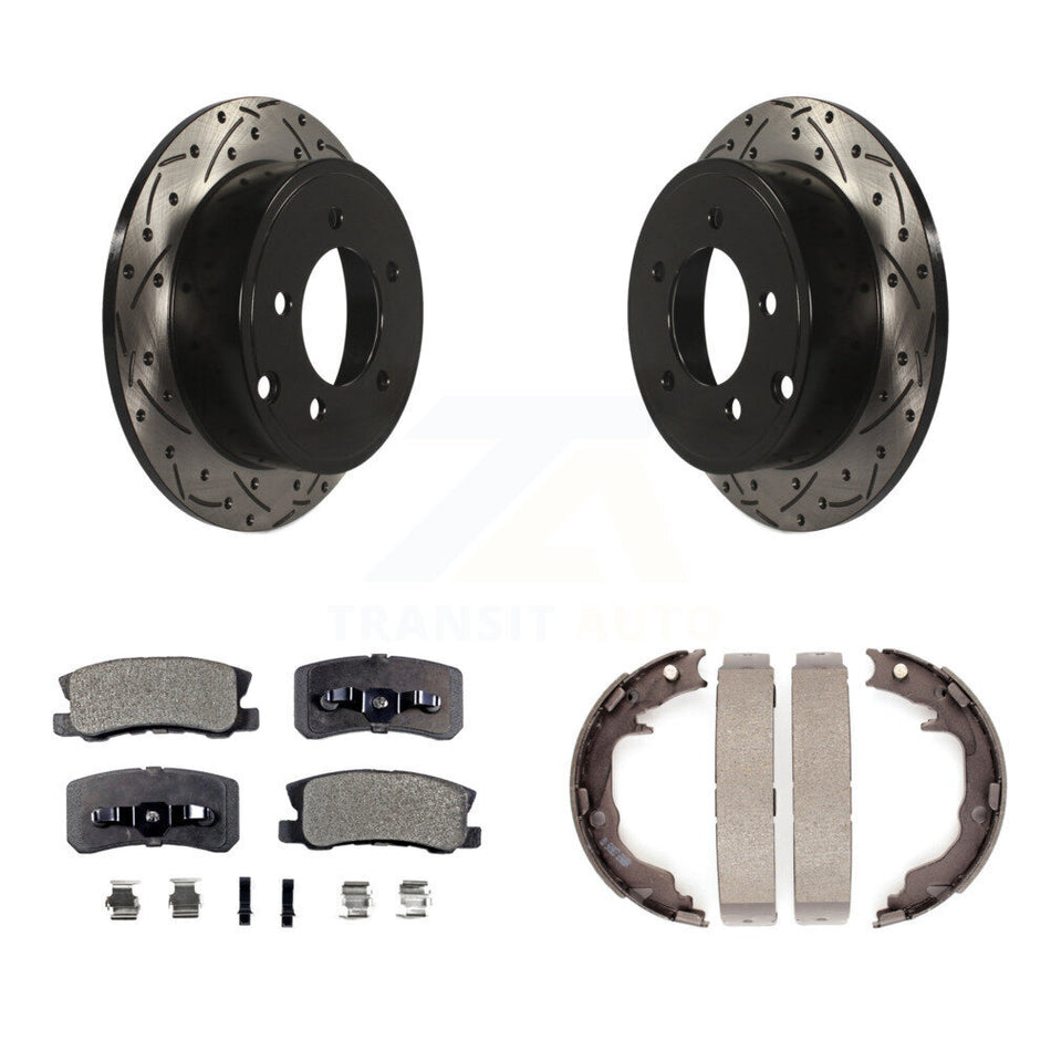 Rear Disc Drilled & Slotted Rotors Ceramic Pads Parking Brake Shoes Kit For Jeep Patriot KDT-102151