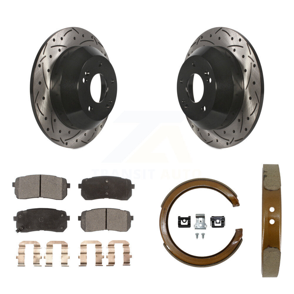 Rear Disc Drilled & Slotted Rotors Ceramic Pads Parking Brake Shoes Kit For Kia Sedona KDT-102154