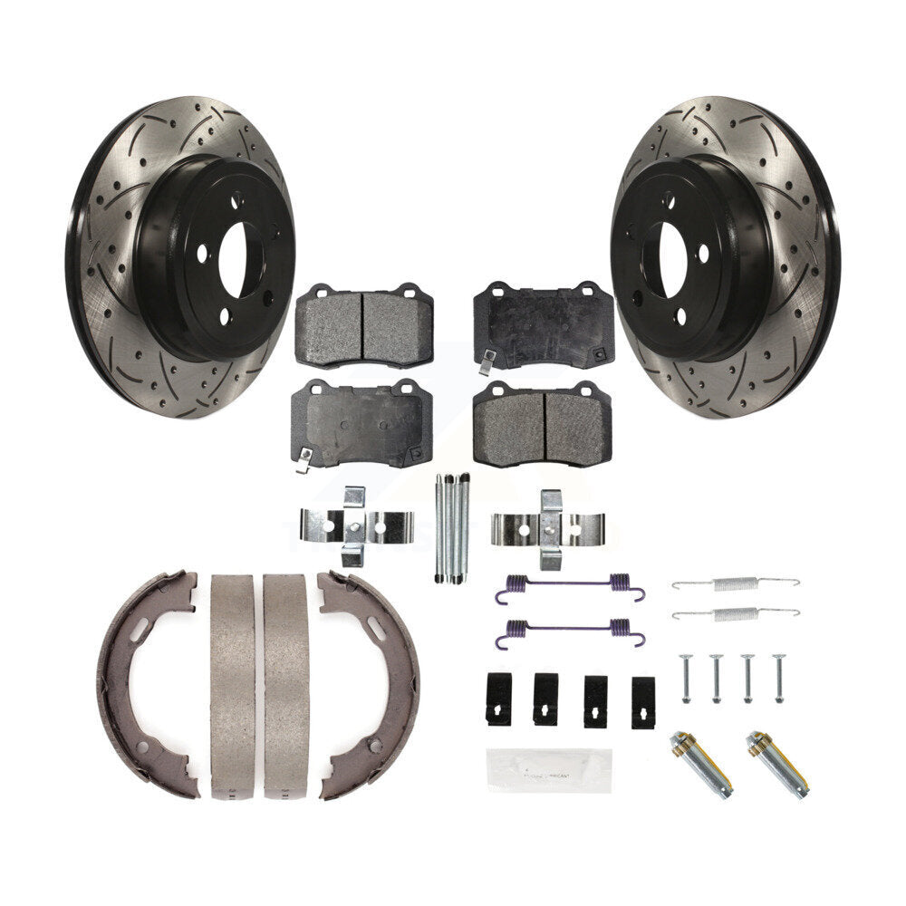 Rear Disc Drilled & Slotted Rotors Ceramic Pads Parking Brake Shoes And Hardware Kit For KDT-102169