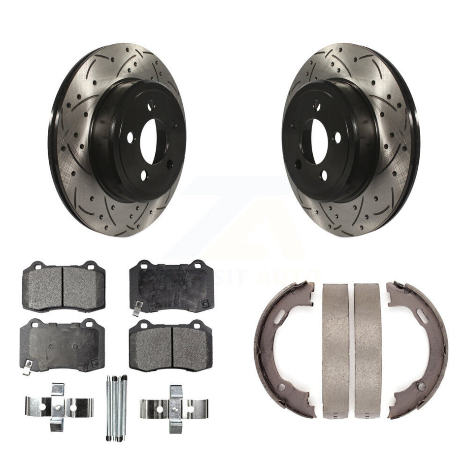 Rear Disc Drilled & Slotted Rotors Ceramic Pads Parking Brake Shoes Kit For Chrysler 300 KDT-102171