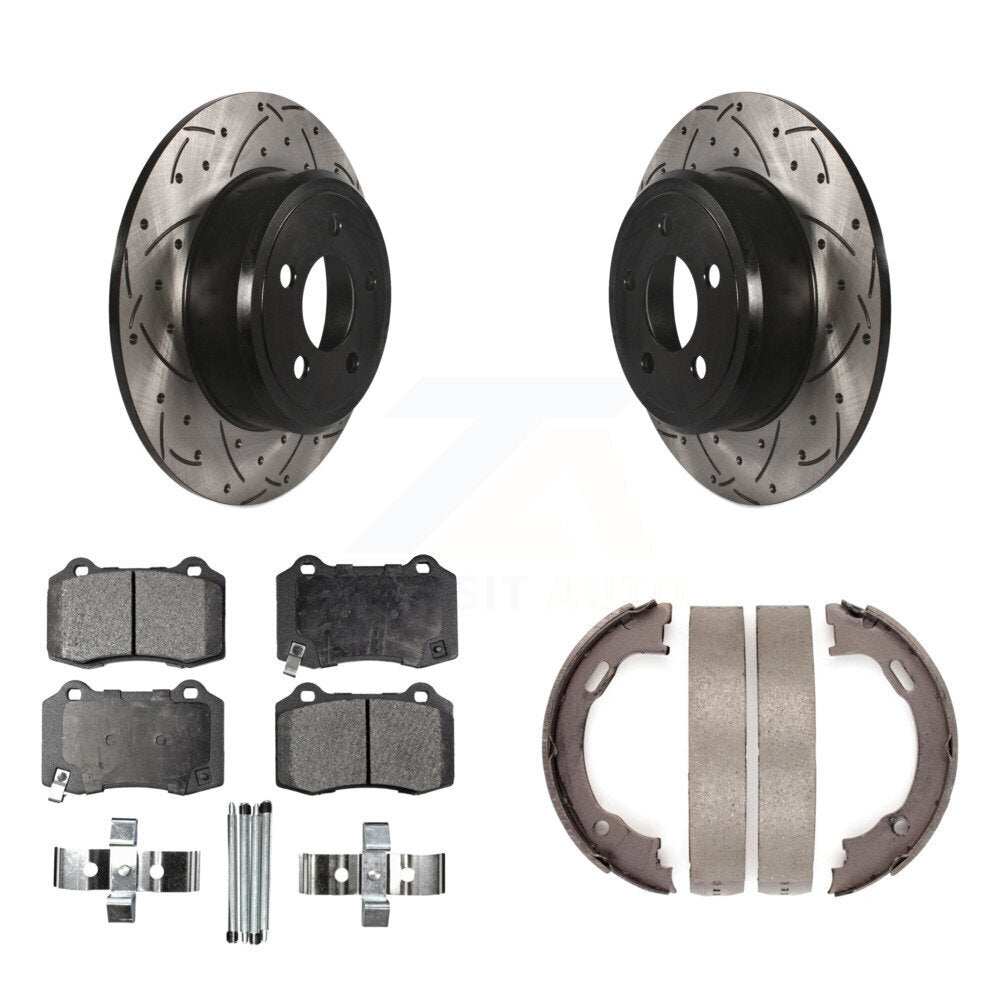 Rear Disc Drilled & Slotted Rotors Ceramic Pads Parking Brake Shoes Kit For Chrysler 300 KDT-102172