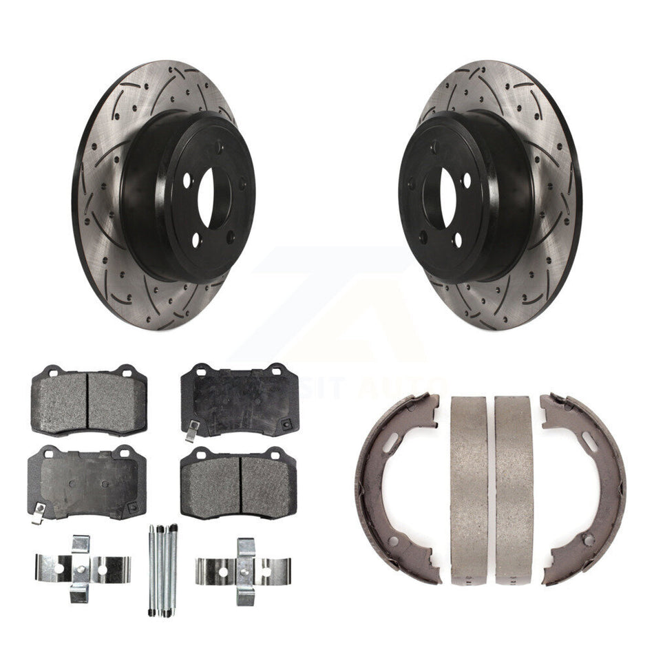 Rear Disc Drilled & Slotted Rotors Ceramic Pads Parking Brake Shoes Kit For Chrysler 300 KDT-102172