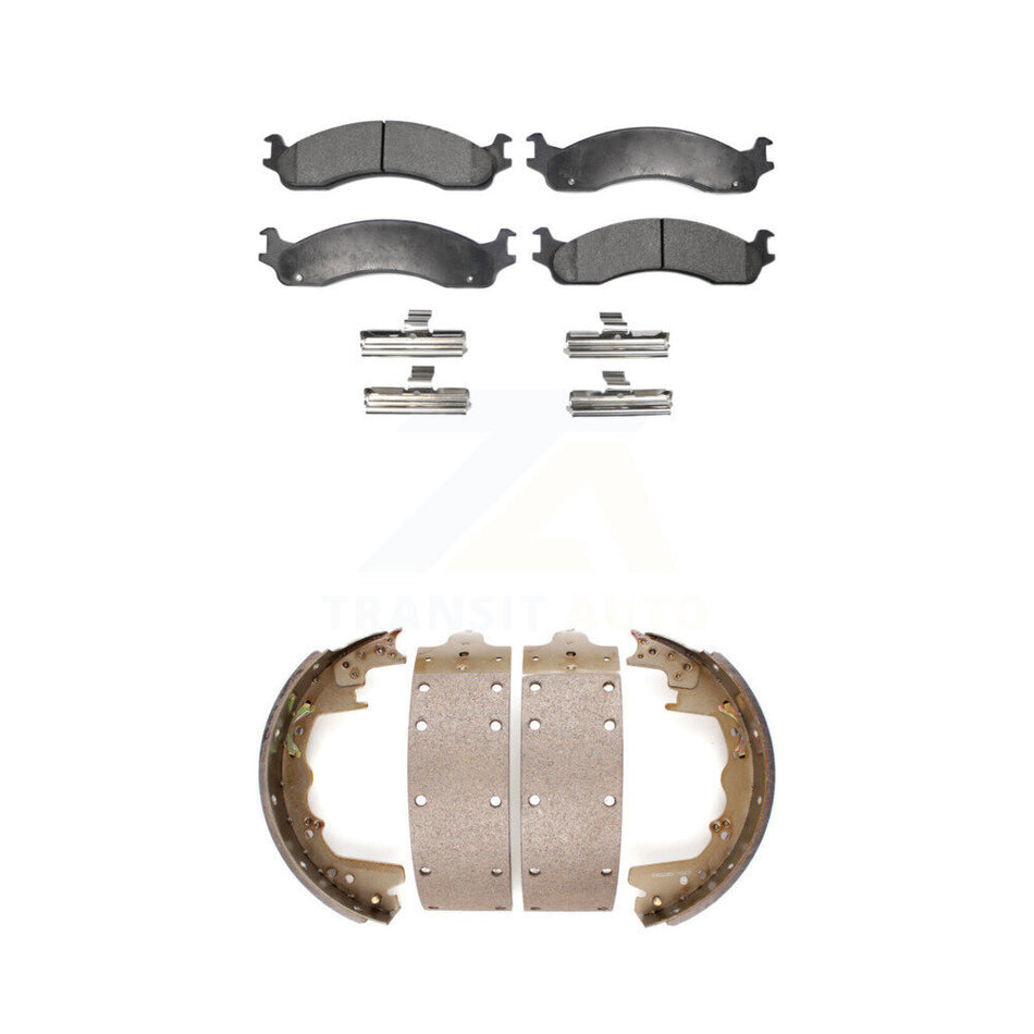 Front Rear Semi-Metallic Brake Pads And Drum Shoes Kit For Dodge Ford Ram 2500 F-350 3500 E-350 Econoline Club Wagon Van B3500 B2500 KFN-100113