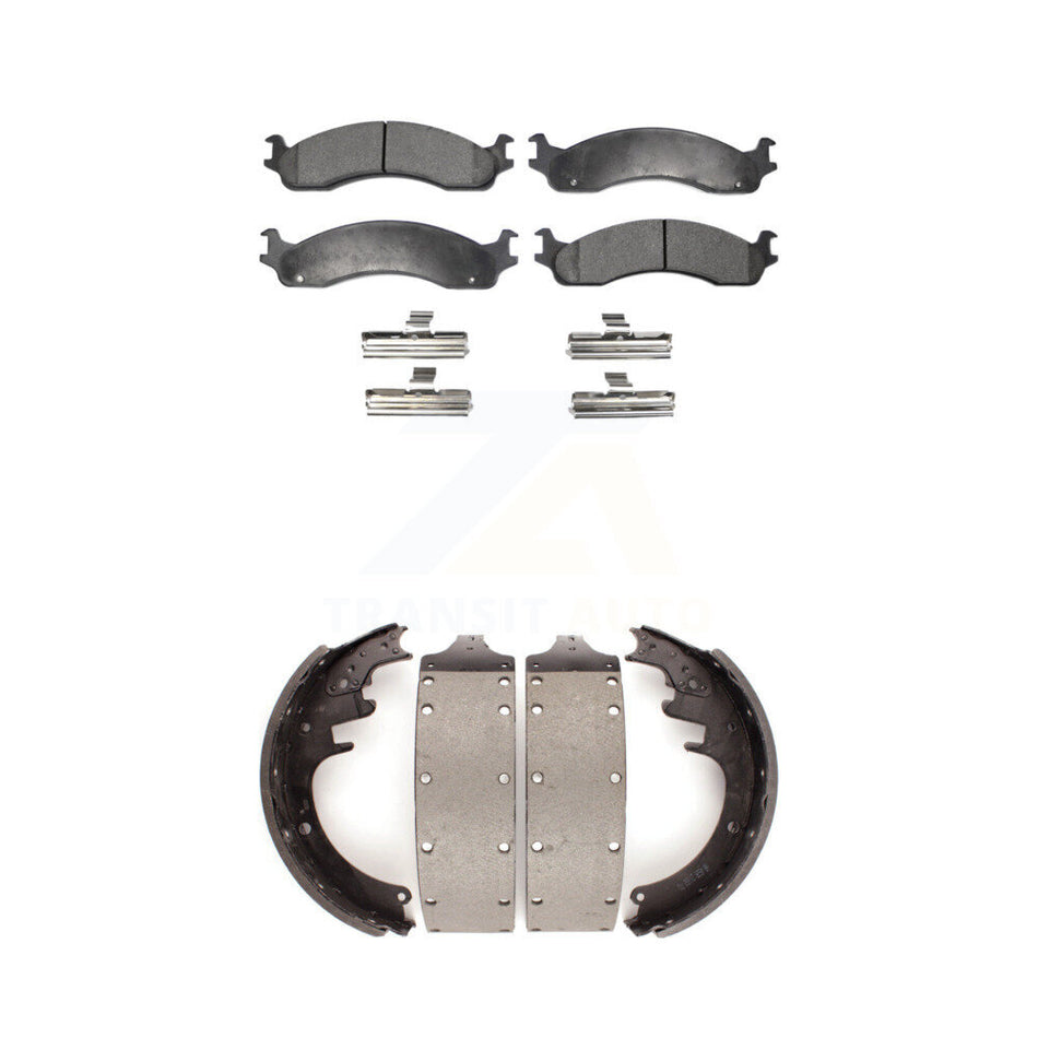 Front Rear Semi-Metallic Brake Pads And Drum Shoes Kit For 1999 Dodge Ram 3500 Van With 13" x 3-1 2" Size KFN-100217