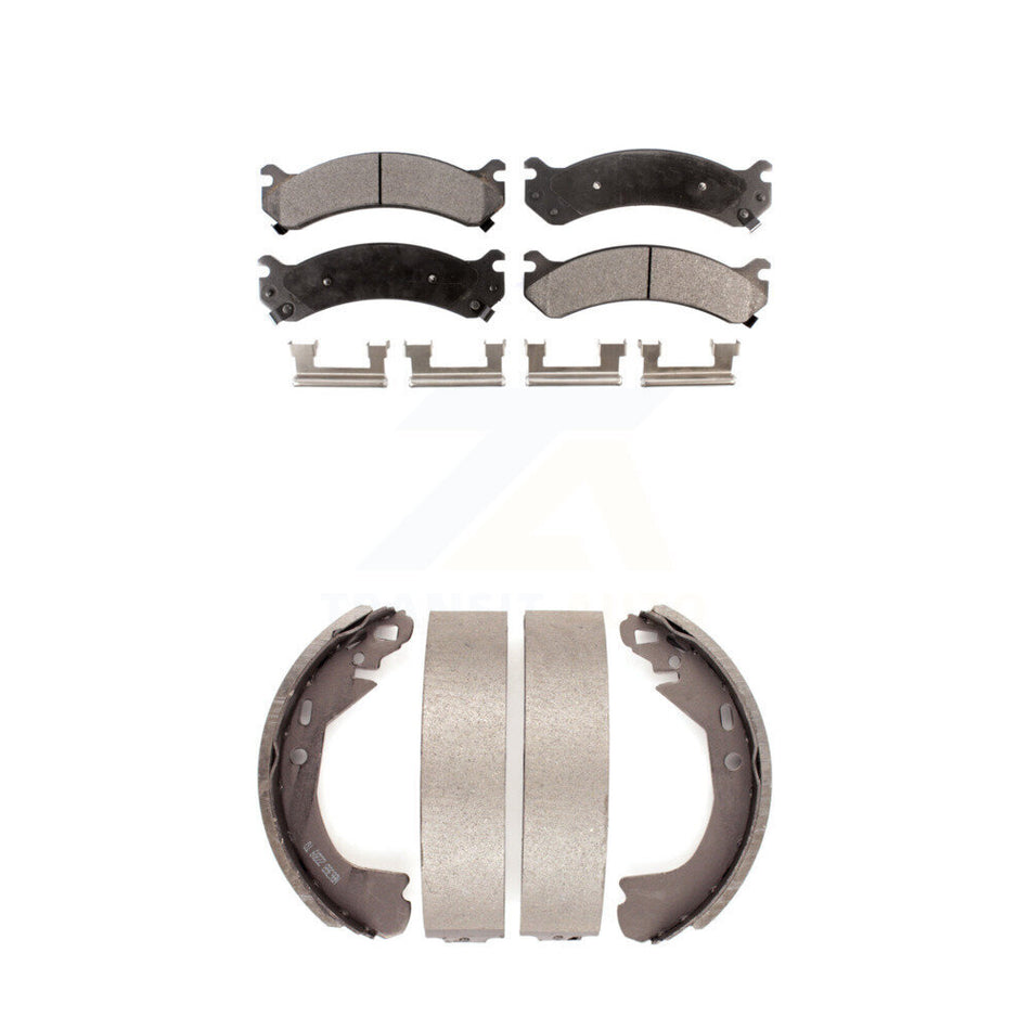 Front Rear Semi-Metallic Brake Pads And Drum Shoes Kit For 2002 Cadillac DeVille With 8 Lug Wheels KFN-100219