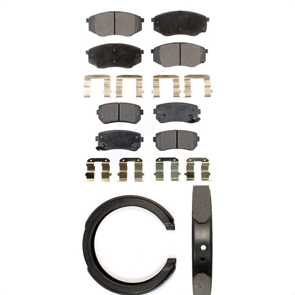 Front Rear Semi-Metallic Brake Pads And Parking Shoes Kit For 2011 Kia Sportage FWD KFN-100556
