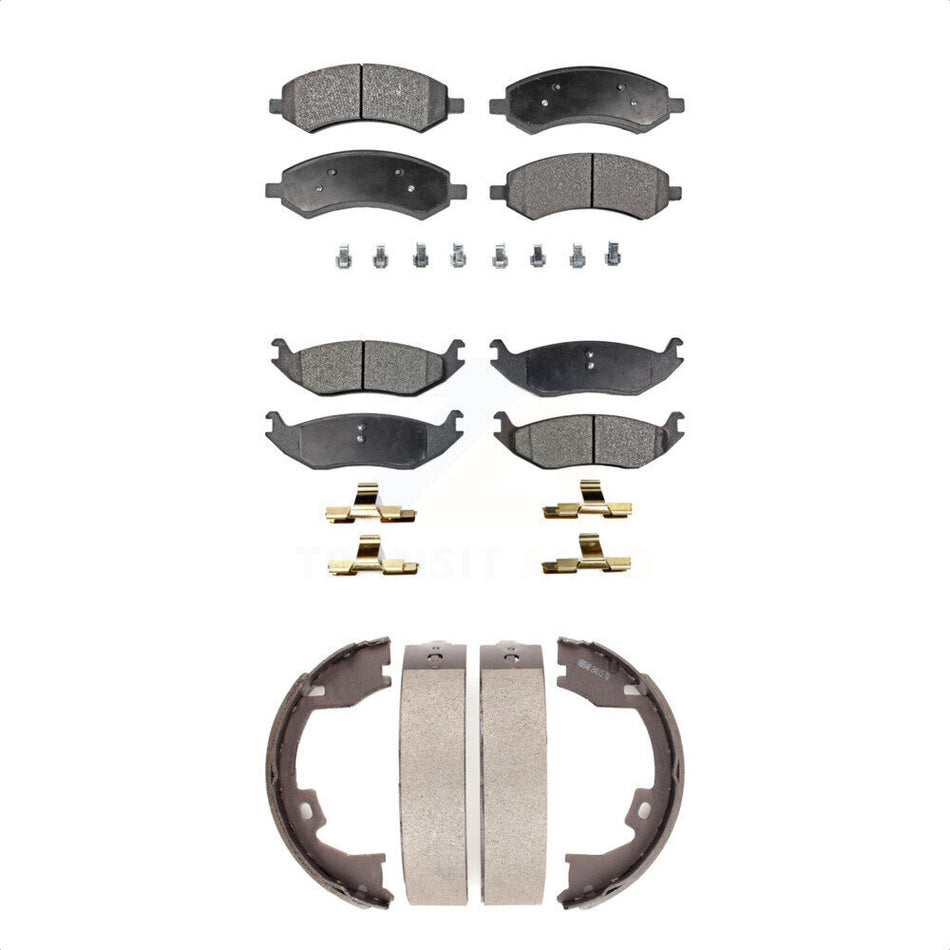 Front Rear Semi-Metallic Brake Pads And Parking Shoes Kit For 2007-2008 Dodge Ram 1500 Standard Cab Pickup Crew With 8 Lug Wheels KFN-100612