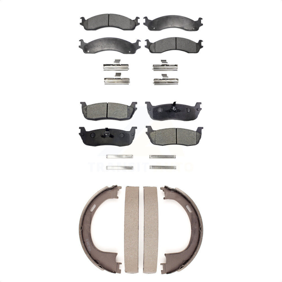 Front Rear Semi-Metallic Brake Pads And Parking Shoes Kit For 1997-1999 Ford F-250 With 8 Lug Wheels KFN-100625
